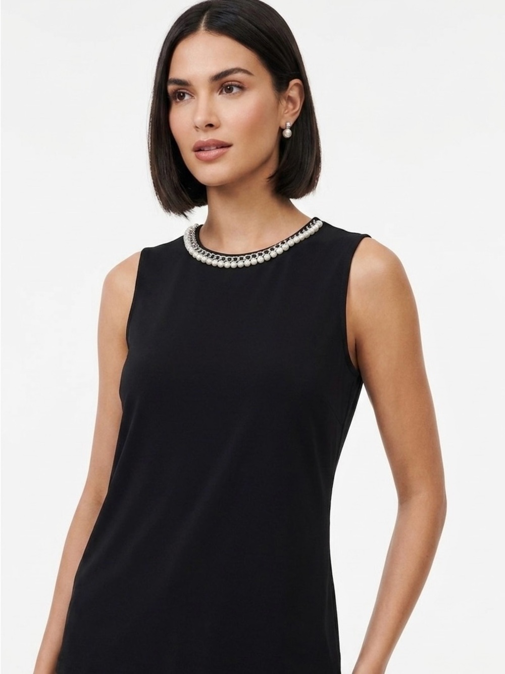 Karl Lagerfeld Black Sleeveless Tank with Pearl-Neck Trim